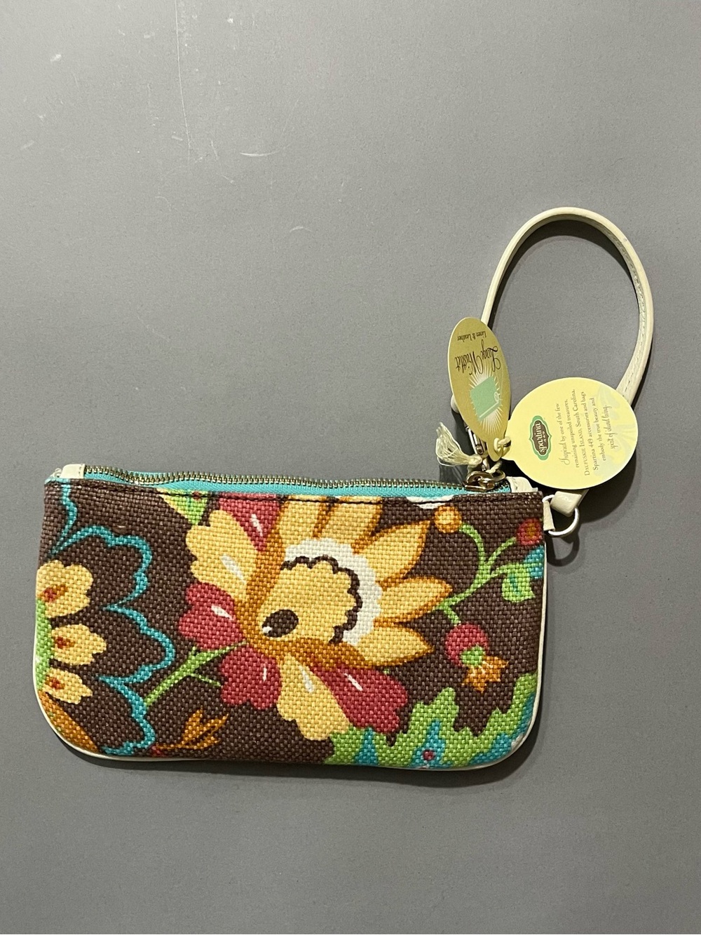 NWT Spartina 449 Brown Multicolor Floral Linen Leather Wristlet Clutch
